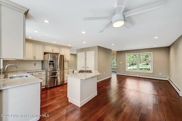 27 Emerson Dr, Moosic, PA 18507 - kitchen featuring stainless steel appliances, a sink, cream cabinetry, light stone countertops, and recessed lighting