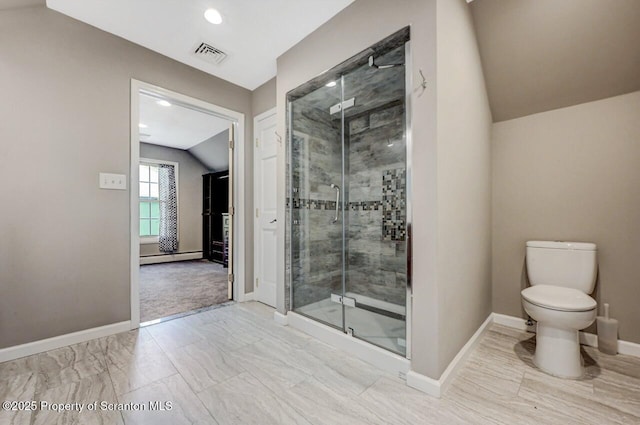 27 Emerson Dr, Moosic, PA 18507 - full bathroom featuring vaulted ceiling, baseboards, a stall shower, recessed lighting, and marble look tiles
