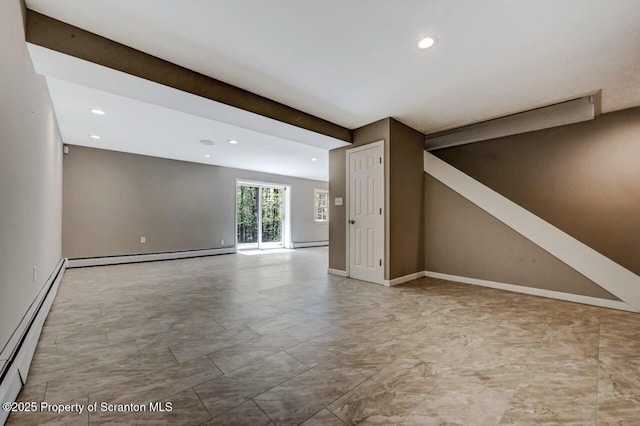 27 Emerson Dr, Moosic, PA 18507 - basement with a baseboard radiator, a baseboard heating unit, recessed lighting, and baseboards
