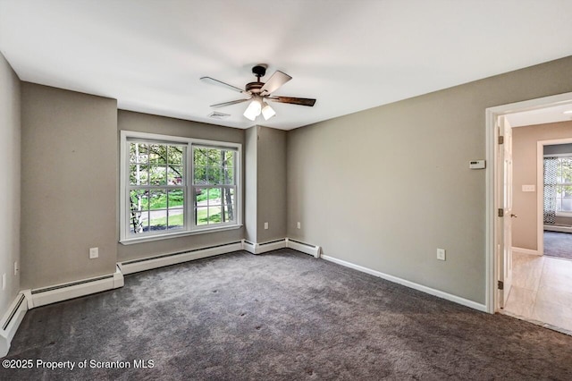 27 Emerson Dr, Moosic, PA 18507 - carpeted empty room featuring a ceiling fan, baseboards, baseboard heating, and a baseboard heating unit