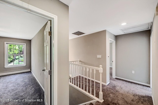 27 Emerson Dr, Moosic, PA 18507 - corridor with carpet flooring, an upstairs landing, attic access, baseboards, and a baseboard radiator