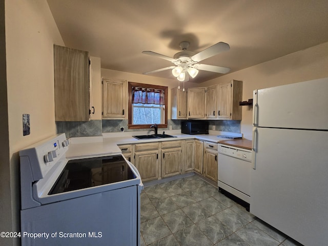 kitchen featuring ceiling fan, sink, white appliances, and light brown cabinets