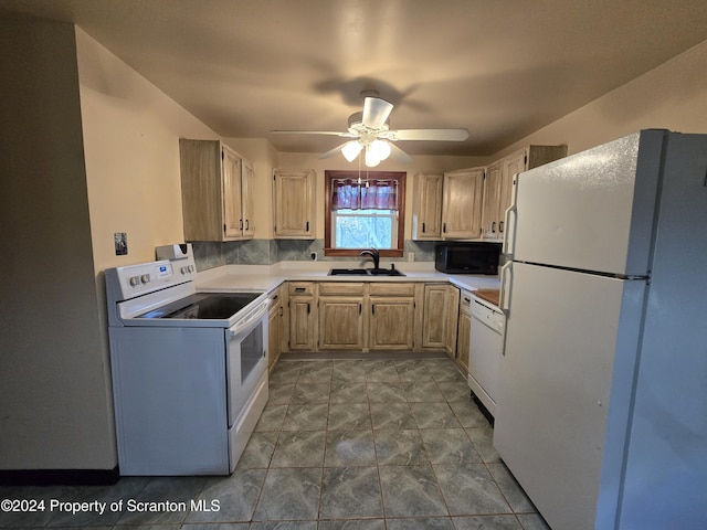 kitchen with ceiling fan, sink, light brown cabinets, white appliances, and decorative backsplash