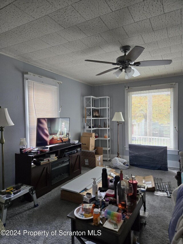 carpeted living room with ceiling fan