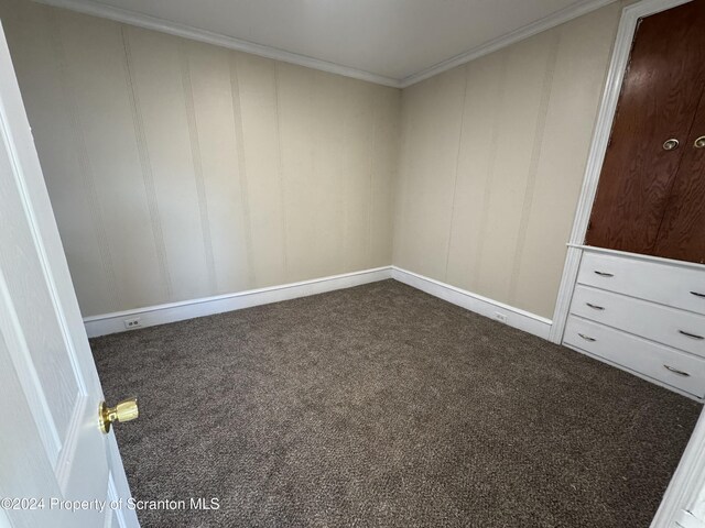 empty room featuring crown molding and carpet