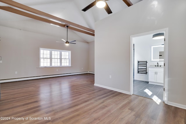 unfurnished living room featuring ceiling fan, beamed ceiling, high vaulted ceiling, a baseboard heating unit, and wood-type flooring