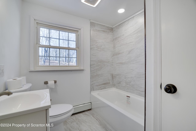 full bathroom with vanity, toilet, tiled shower / bath combo, and a baseboard heating unit