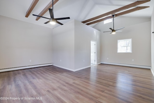 unfurnished living room with beam ceiling, a baseboard radiator, ceiling fan, and light hardwood / wood-style floors