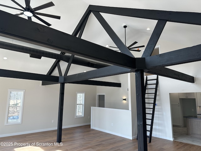 13692 State Route 374, Union Dale, PA 18470 - unfurnished living room with high vaulted ceiling, a wealth of natural light, beam ceiling, and ceiling fan