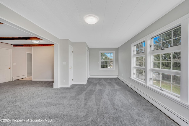 unfurnished living room featuring carpet floors and a baseboard radiator