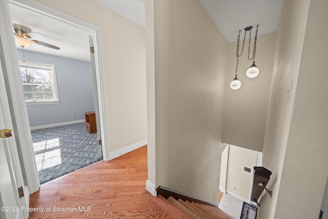 corridor featuring light wood finished floors and baseboards