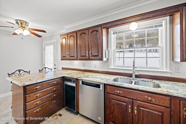 kitchen featuring light stone counters, ornamental molding, a sink, dishwasher, and a peninsula