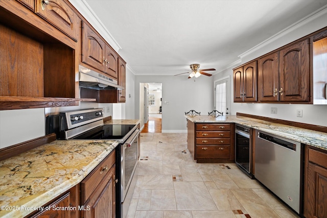 kitchen featuring stainless steel appliances, ornamental molding, light stone countertops, and under cabinet range hood