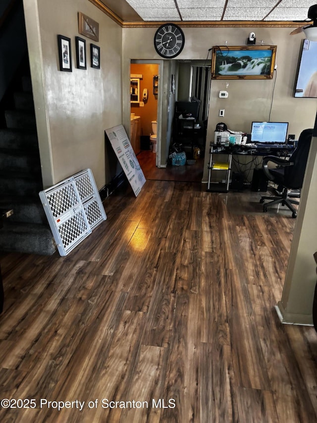 office featuring wood finished floors and ornamental molding