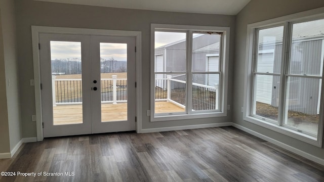 doorway featuring french doors, dark hardwood / wood-style flooring, vaulted ceiling, and a healthy amount of sunlight