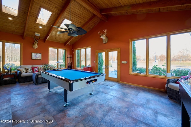 recreation room featuring beam ceiling, a skylight, wood ceiling, and billiards