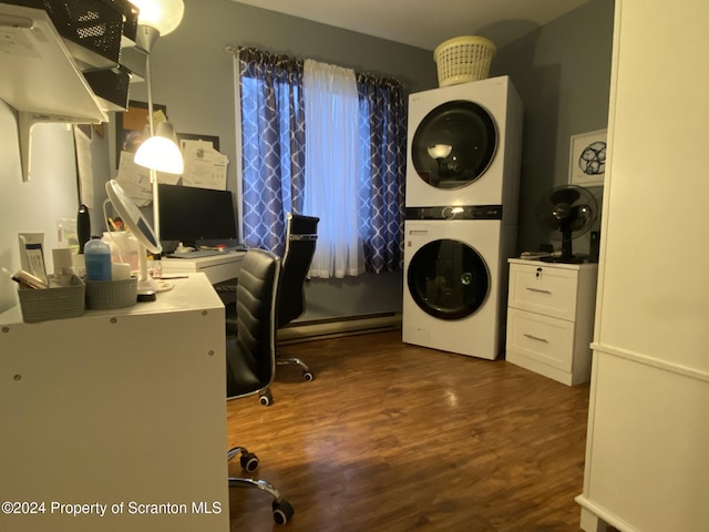 home office with dark hardwood / wood-style flooring and stacked washing maching and dryer