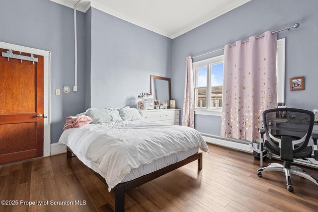 bedroom featuring a baseboard radiator and hardwood / wood-style flooring