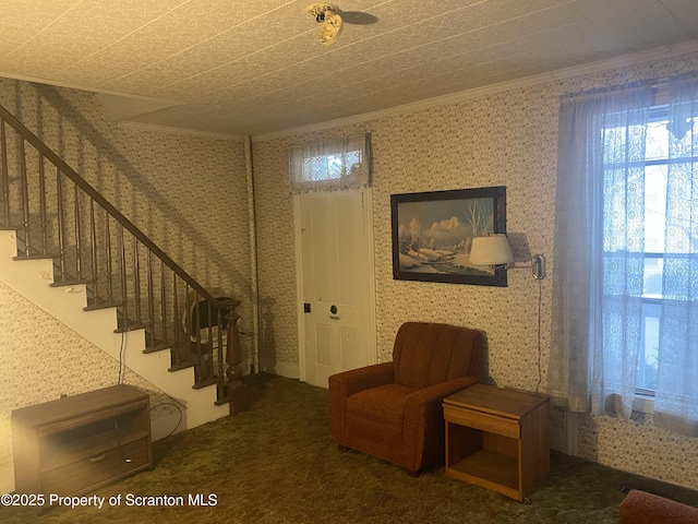 living area with carpet and crown molding