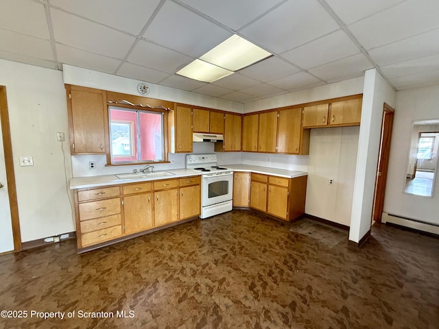 kitchen with a drop ceiling, electric range, sink, and a baseboard radiator