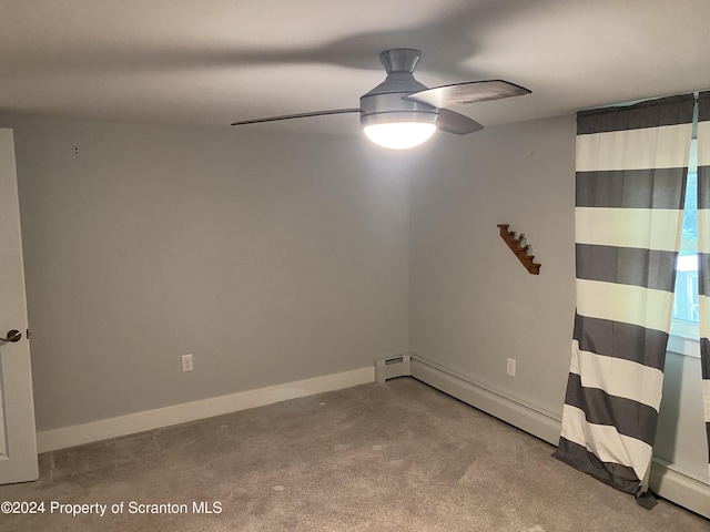 empty room with light carpet, a baseboard radiator, and ceiling fan