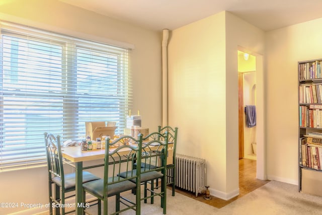 carpeted dining space featuring radiator heating unit