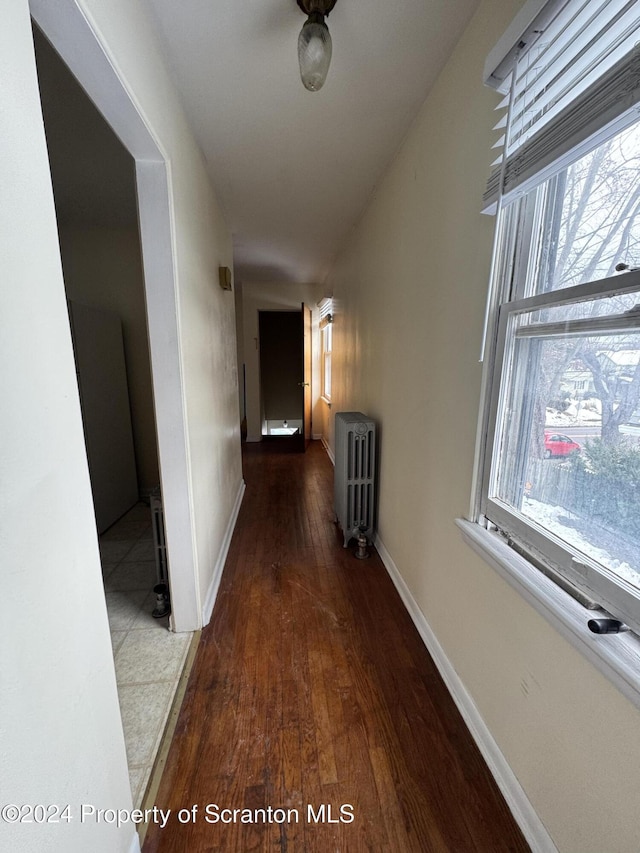 corridor with plenty of natural light, wood-type flooring, and radiator heating unit