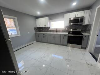 kitchen featuring sink, gray cabinets, tasteful backsplash, white cabinetry, and stainless steel appliances