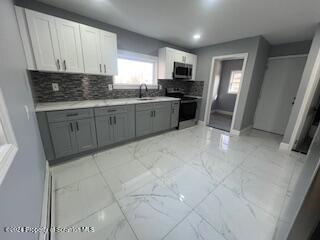 kitchen with electric range oven, tasteful backsplash, sink, gray cabinets, and white cabinetry