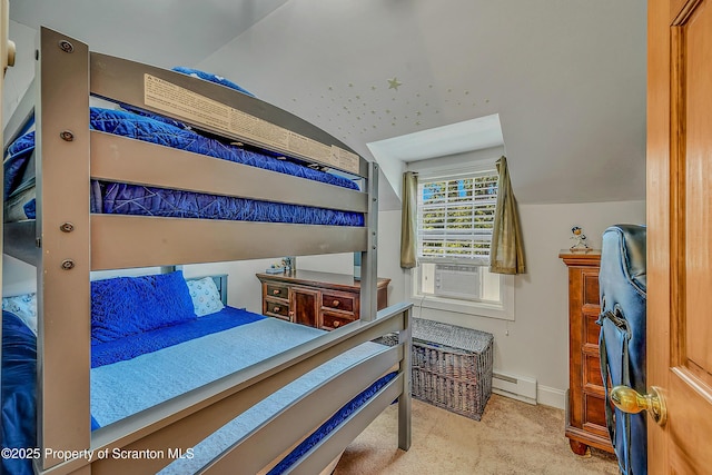 132 6th St, Blakely, PA 18447 - bedroom featuring vaulted ceiling, carpet floors, a baseboard heating unit, and cooling unit