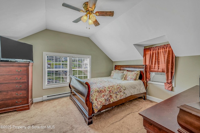132 6th St, Blakely, PA 18447 - bedroom featuring baseboard heating, vaulted ceiling, carpet, a ceiling fan, and cooling unit