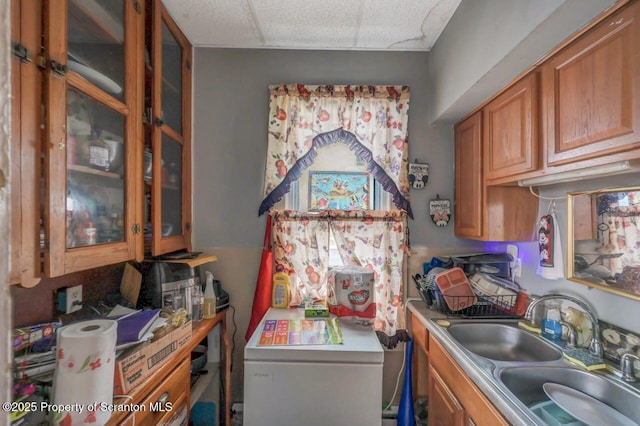 1116 Rock St Rear, Rear, Scranton, PA 18504 - kitchen featuring brown cabinets, a paneled ceiling, glass insert cabinets, and light countertops