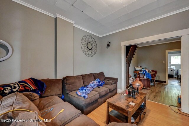 1014 Jackson St 1012, Scranton, PA 18504 - living area featuring wood finished floors, crown molding, and stairway