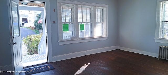 doorway to outside with radiator heating unit and dark wood-type flooring