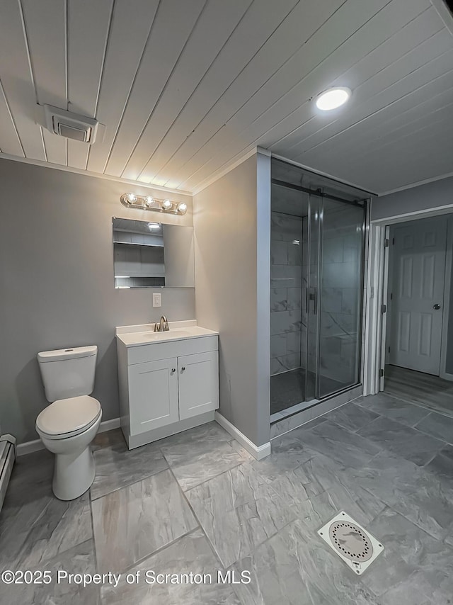 1446 Main St, Friendsville, PA 18818 - full bathroom featuring vanity, baseboards, toilet, a stall shower, and marble finish floors