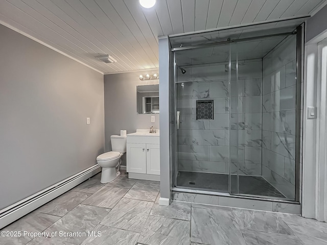 1446 Main St, Friendsville, PA 18818 - bathroom featuring a baseboard heating unit, marble look tile flooring, vanity, a shower stall, and wooden ceiling