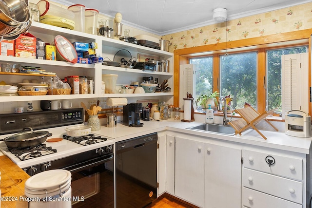 kitchen with sink, crown molding, black dishwasher, white gas stove, and white cabinetry