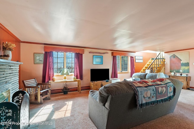 carpeted living room with crown molding