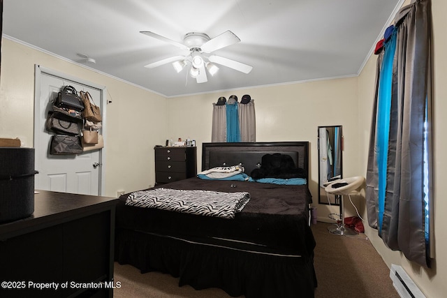 bedroom with ceiling fan, crown molding, carpet floors, and a baseboard radiator