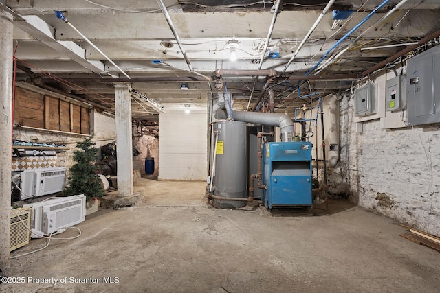 basement with electric panel, cooling unit, and water heater