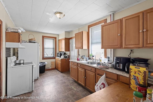 kitchen with white electric stove, dark floors, brown cabinets, under cabinet range hood, and a sink