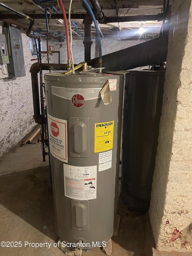 utility room featuring electric panel and water heater