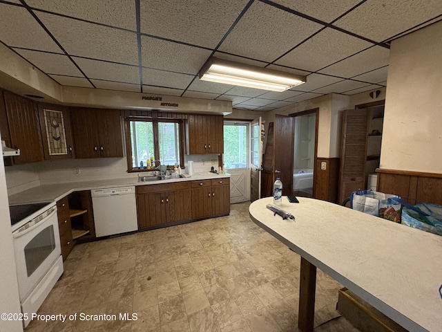 210 School St, Scranton, PA 18508 - kitchen with white appliances, a paneled ceiling, light countertops, a sink, and dark brown cabinets