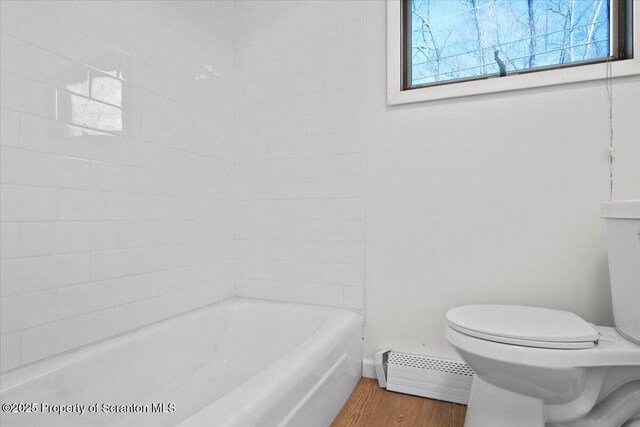 full bath with baseboard heating, wood finished floors, and toilet