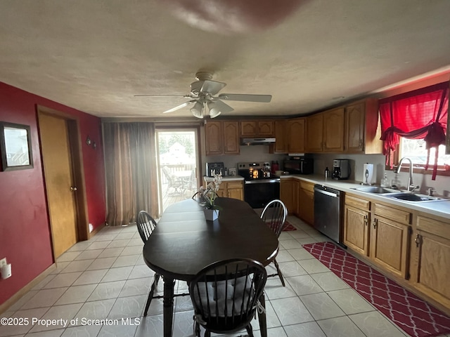 kitchen featuring a sink, range with electric stovetop, stainless steel dishwasher, and light tile patterned flooring