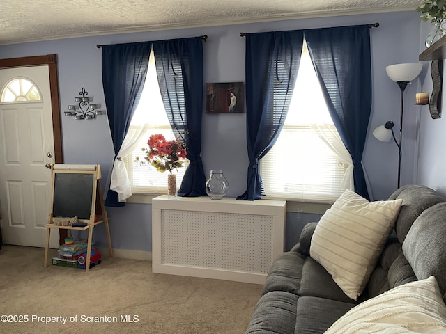 sitting room featuring a textured ceiling, ornamental molding, radiator heating unit, and carpet