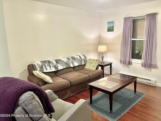 living room with dark hardwood / wood-style flooring