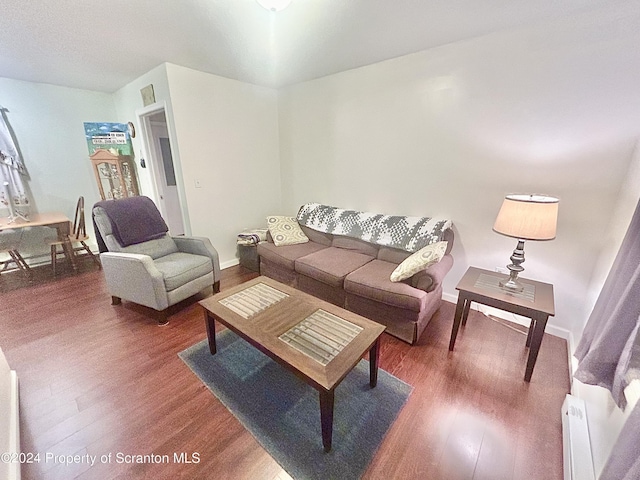 living room featuring baseboard heating and hardwood / wood-style floors