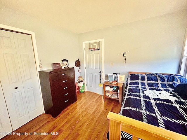 bedroom with light hardwood / wood-style floors and a closet