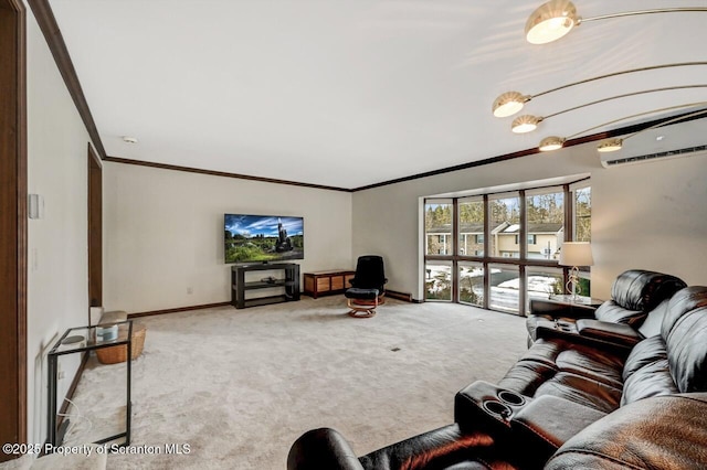 living room featuring ornamental molding, carpet flooring, and a wall unit AC